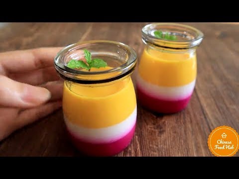 Dragon Fruit Mango Milk Pudding - 3 Layer Cup Jelly - Yummy Pudding Recipe