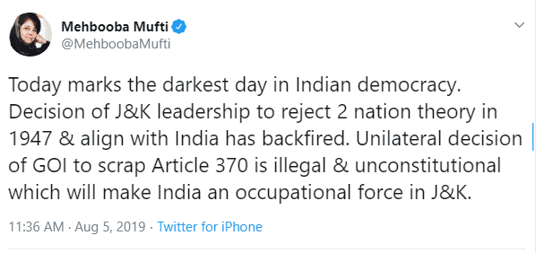 Anti Indian Mehbooba Mufti on Twitter