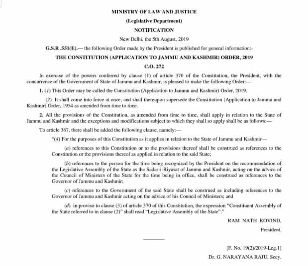 Official Notification about Article 370 signed by President