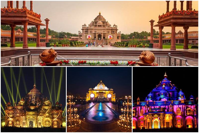 Akshardham Temple during night. Best places to visit in Delhi with family: Akshardham Temple