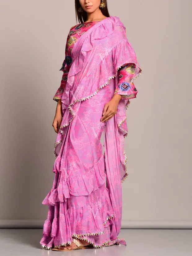 Light Pink Bandhani Printed Pre-Draped Vasansi Designer Saree